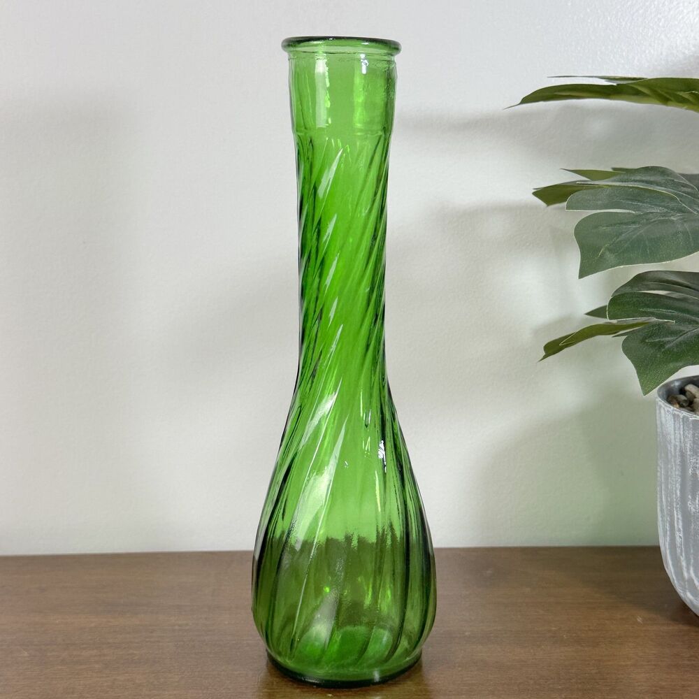 Vintage Hoosier Glass Emerald Green Swirl Bud Vase 9"